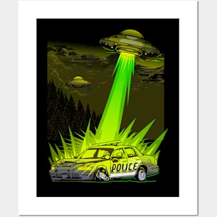 Alien destroy the police car T-shirt Posters and Art